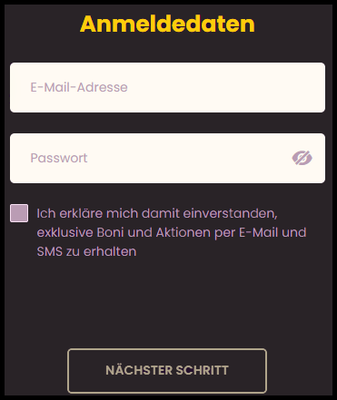 Das Anmeldeformular von Bizzo Casino