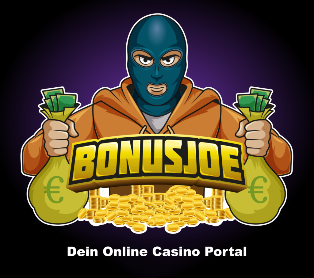 Zeichentrickfigur BONUSJOE, ein selbstbewusster Charakter mit blauer Skimaske und orangefarbener Kapuzenjacke, er sieht aus wie ein Bankräuber, hält Bargeld und einen Sack voller Euro-Münzen, repräsentiert Top-Casino-Angebote auf dem Online-Casino-Portal.