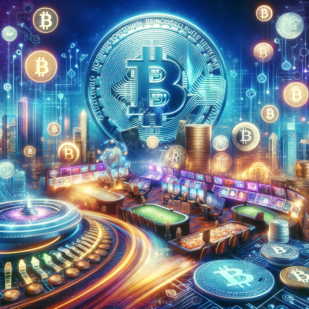 Ein futuristisches Bild, das die Welt der Online-Glücksspiele, transformiert durch die Einführung von Bitcoin, visualisiert. Es zeigt das Bitcoin-Symbol im Zentrum, umgeben von digitalen Sicherheitselementen und Datenschutzsymbolen, die in einem lebhaften und technologisch fortgeschrittenen Online-Casino-Umfeld hervorgehoben werden. Die Darstellung betont Themen wie Innovation, Sicherheit und Anonymität in der Welt der Krypto Casinos.