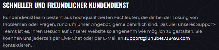 Der Kundendienst Support von Lunubet Casino