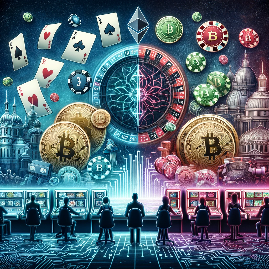 Evolution des Online-Glücksspiels: Von traditionellen Casinos zu Krypto-Casinos mit Symbolen von Karten, Roulette und digitalen Währungen.